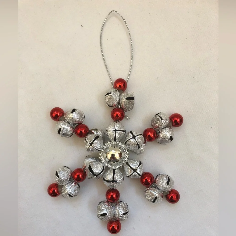 Jingle Bells Snowflake Vintage Christmas Ornament Star Silver Red Rings Hanging